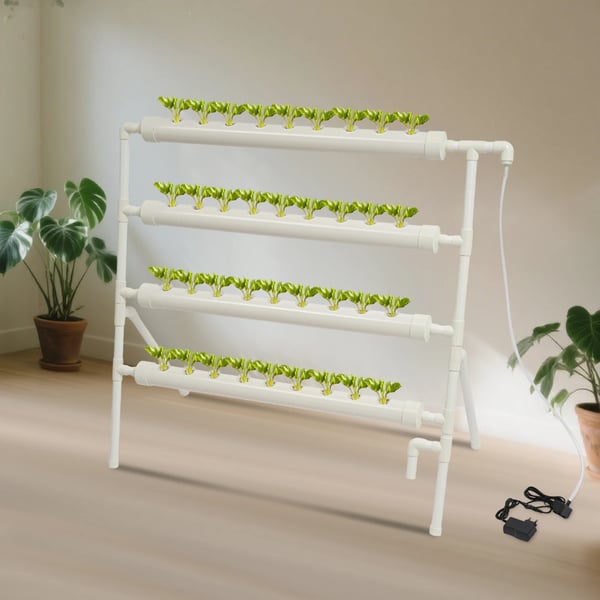 Hydroponisk dyrkningssystem - 36-huls stativ - 4 niveauer - 95×45×100 cm - PVC-U - EU-stik 220 V 50 Hz - Uden beholder - Hvid