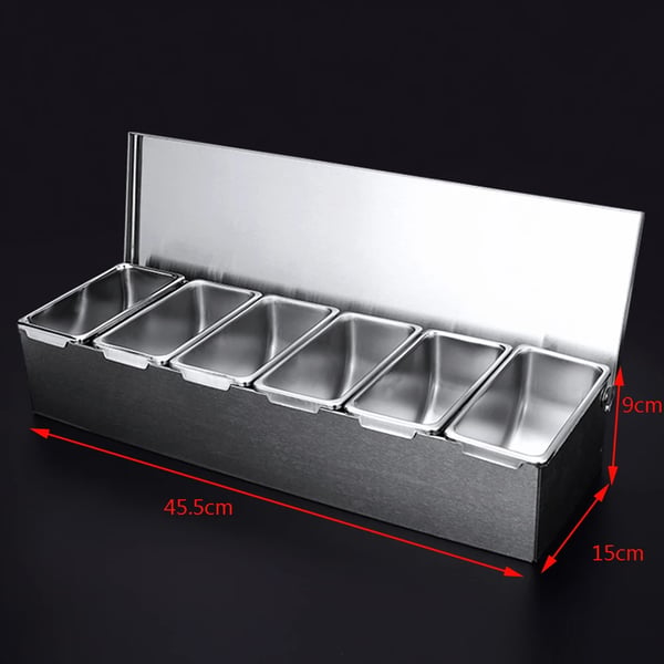 Krydderiboks - Boks med 6 Rum - Rustfrit Stål 304 Fødevaregodkendt - Elektropoleret - Med låg - Størrelse 45,5×15×9 cm - Sølv