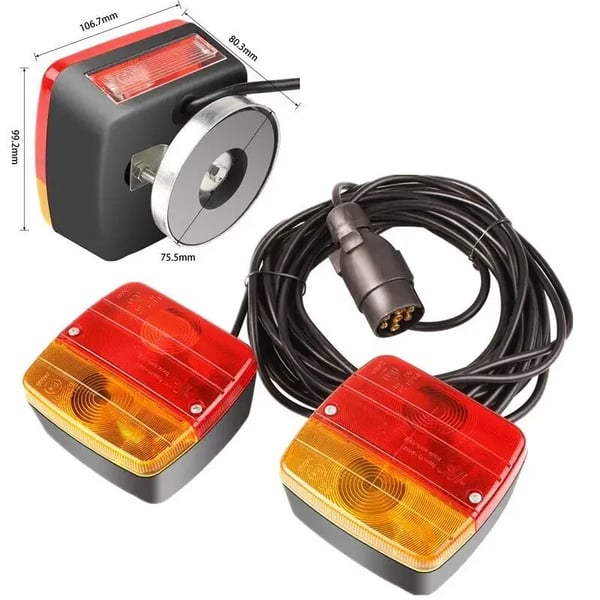 Magnetiske trailerlygter 12V - Baglygtesæt - 2 Stk - 7-Polet Stik - Magnetfod - Til Trailer/Campingvogn/Varevogn/Lastbil