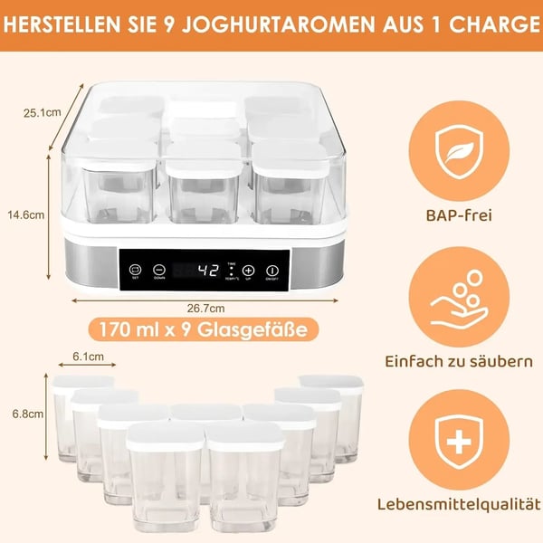 Yoghurtmaskine, digital model, temperatur- og tidsstyring, automatisk, 9 portionsglas á 170 ml, hvid