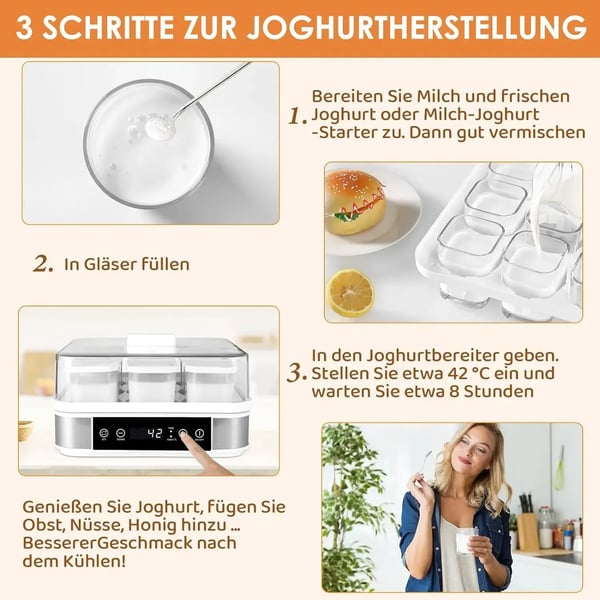 Yoghurtmaskine, digital model, temperatur- og tidsstyring, automatisk, 9 portionsglas á 170 ml, hvid