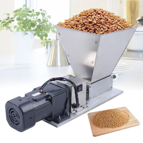 Elektrisk kornmølle, maltknuser til hjemmebryg, 220V rustfrit stål, 60 W, 75 o/min, våd & tør, sølv