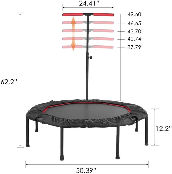 Fitness-trampoliini - Taittuva Rebounder aikuisille - Ø127 cm - Korkeussäädettävä Käsitanko - Sisä/Ulkokäyttöön - Kumijalat - Punainen