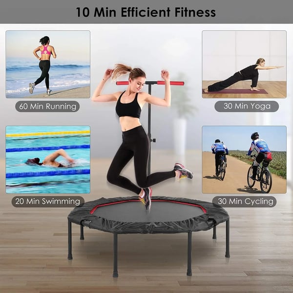 Fitness-trampoliini - Taittuva Rebounder aikuisille - Ø127 cm - Korkeussäädettävä Käsitanko - Sisä/Ulkokäyttöön - Kumijalat - Punainen