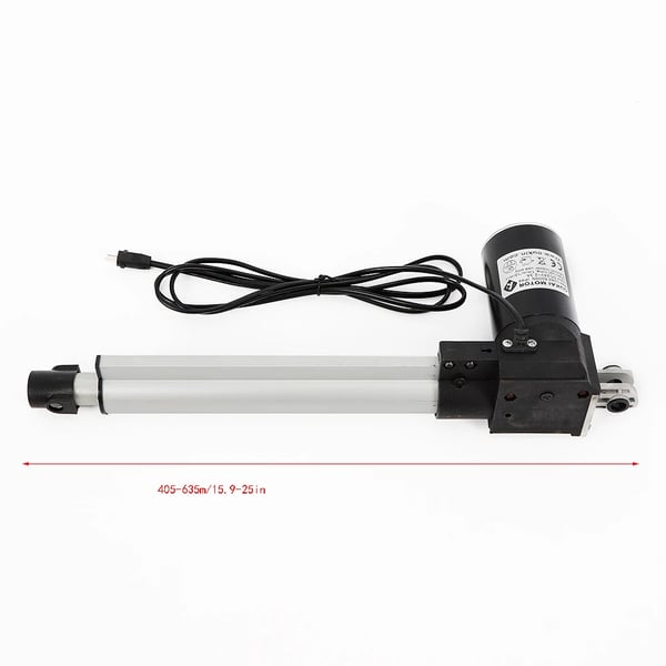 Sähköinen lineaaritoimilaite - DC 24V - Työntövoima 600 kg (6000 N) - Iskun pituus 230 mm - Nopeus 5 mm/s - IP44 - Vaihtomoottori lepotuoliin