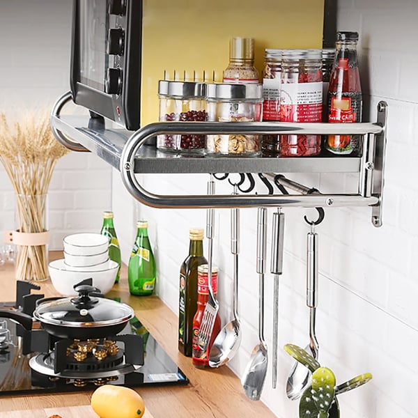 Mikroovnshylde - Vægmonteret Holder - Rustfrit Stål - 6 Kroge - 53×38×18 cm - Sølv