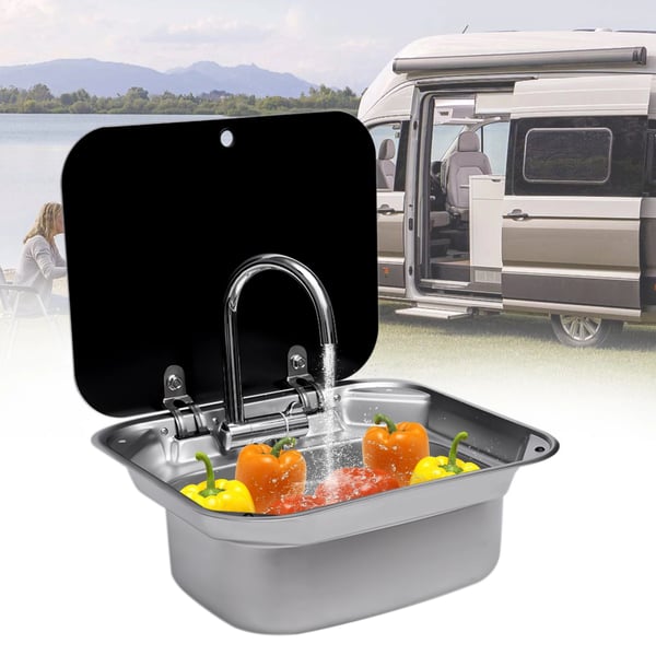Campingvask - Vask Med Hane - Foldbar Hane - Hærdet Glaslåg - 304 Rustfrit Stål - 46×42×20,5 cm - Til Autocamper Campingvogn Båd - Sort/Sølv