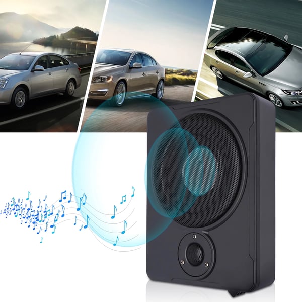 Under-sæde bilsubwoofer, 8" aktiv basboks med indbygget forstærker, 600 W, kompakt, kabelsæt medfølger, sort