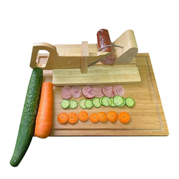Pølseslicer/Pølseskærer - Skæremaskine - Rustfrit stålblad - Solid træbase - Ens skiver - Lysegrå