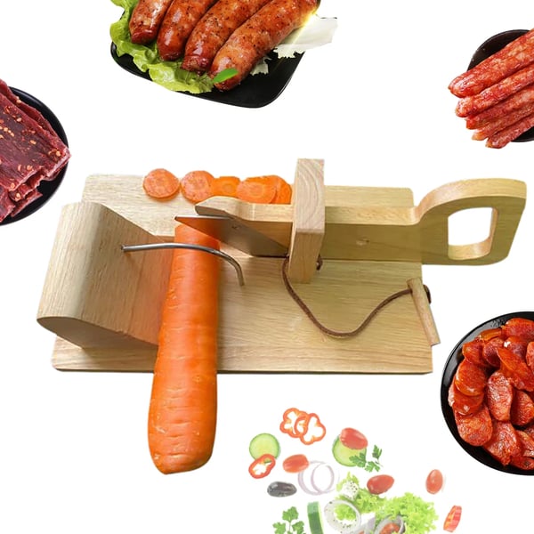 Pølseslicer/Pølseskærer - Skæremaskine - Rustfrit stålblad - Solid træbase - Ens skiver - Lysegrå