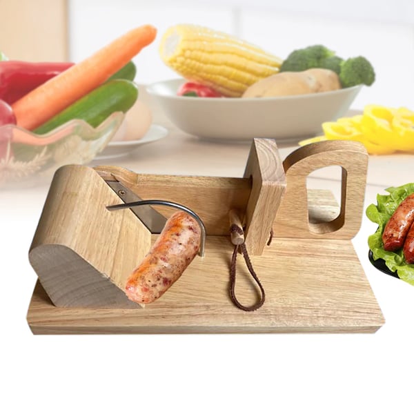 Pølseslicer/Pølseskærer - Skæremaskine - Rustfrit stålblad - Solid træbase - Ens skiver - Lysegrå