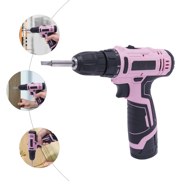 Sladdlös borrmaskin, 21-delars 12V set, 3/8'' chuck, rosa, Li‑ion‑batteri, för trä/metall och DIY-projekt