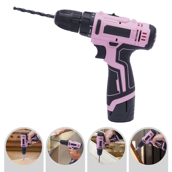 Akkuporakone, 21-osainen 12V sarja, 3/8'' istukka, pinkki, Li‑ion‑akku, puulle/metallille ja tee se itse -projekteihin