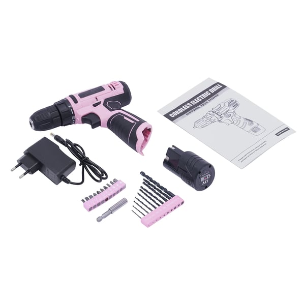 Akkuporakone, 21-osainen 12V sarja, 3/8'' istukka, pinkki, Li‑ion‑akku, puulle/metallille ja tee se itse -projekteihin