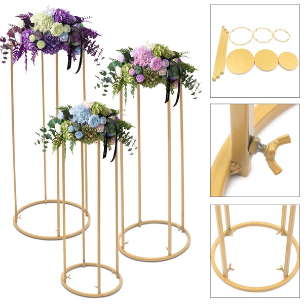 Blomsterstativ - Rundt gulvstativ i metal - 3-pak - Bryllup centerpiece - Festdekoration - Guld