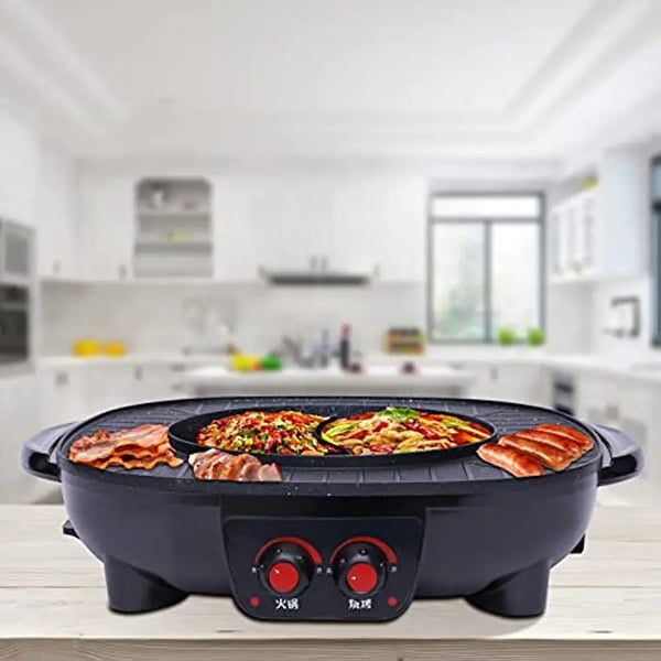 Elektrisk BBQ-grill & Hotpot - 2‑i‑1 Bordgrill - 2100 W - Røgfri - Shabu Shabu Gryde - Hurtig Opvarmning - Nem Montering - Sort
