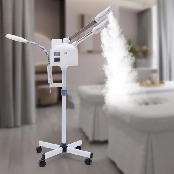 Professionel 3‑i‑1 ansigtsdamper, salonmodel, varmt/koldt mundstykke, LED forstørrelseslampe, til salon & spa, hvid