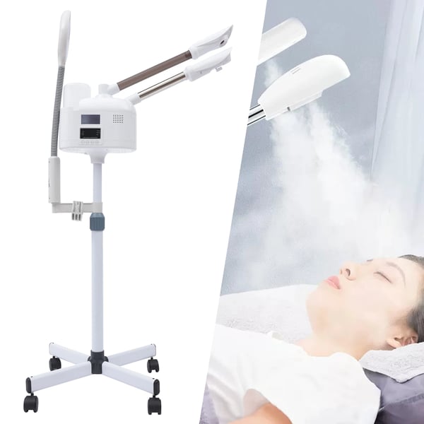 Professionel 3‑i‑1 ansigtsdamper, salonmodel, varmt/koldt mundstykke, LED forstørrelseslampe, til salon & spa, hvid