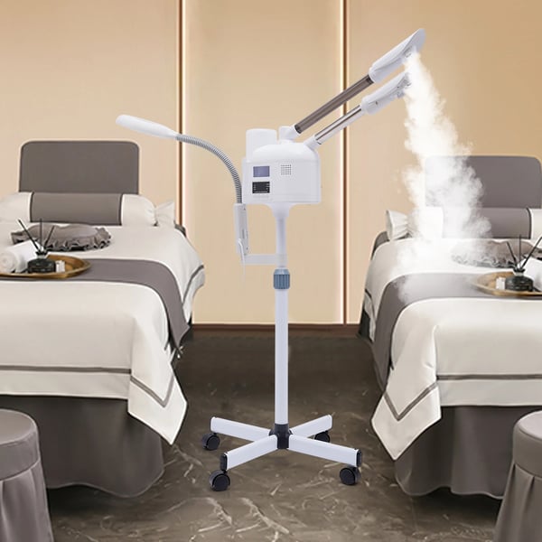 Professionel 3‑i‑1 ansigtsdamper, salonmodel, varmt/koldt mundstykke, LED forstørrelseslampe, til salon & spa, hvid
