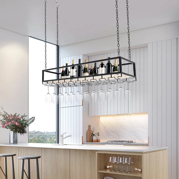 Vintage industrielt vinstativ, loftmonteret med glasholder, justerbar, farve Light Black