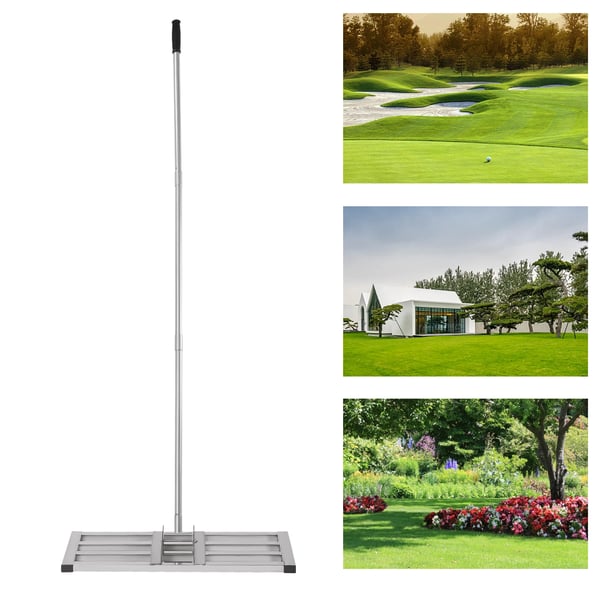 Plæneudjævner - Rive - Rustfrit stål - T-formet - Justerbart skaft 50–180 cm - Roterende hoved 180° - Størrelse 75×25 cm - Sølv