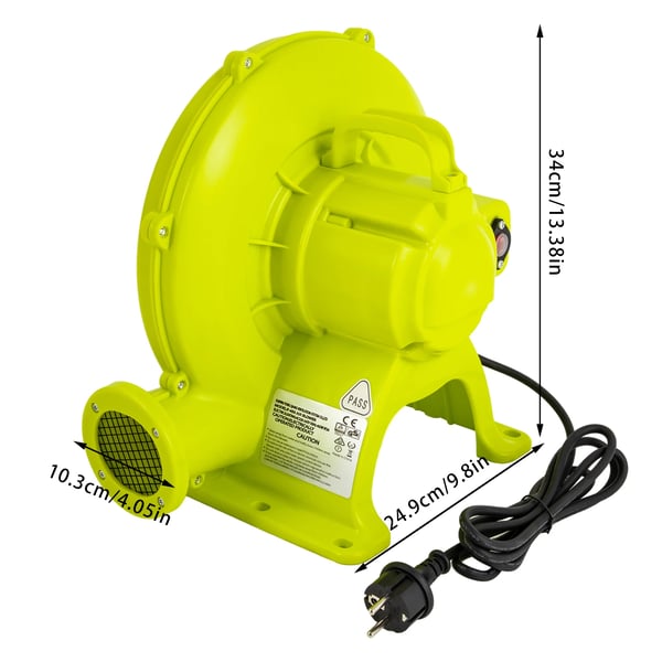 Blæser til oppustelige - F-450 Luftblæser - 450 W, 220 V AC, Børsteløs motor, Lavt støjniveau, EU-stik, Til hoppeborge & telte - Grøn
