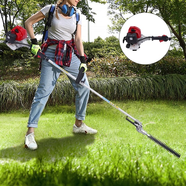 Have-multiværktøj - 5‑i‑1 Benzin - Hækkeklipper, Græstrimmer, Kædesav, Buskrydder - 51,7 cm³ 2‑taktsmotor - Rød