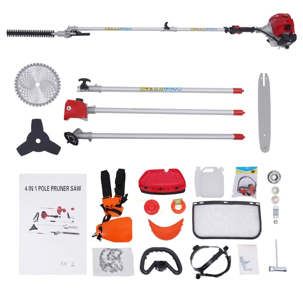 Have-multiværktøj - 5‑i‑1 Benzin - Hækkeklipper, Græstrimmer, Kædesav, Buskrydder - 51,7 cm³ 2‑taktsmotor - Rød