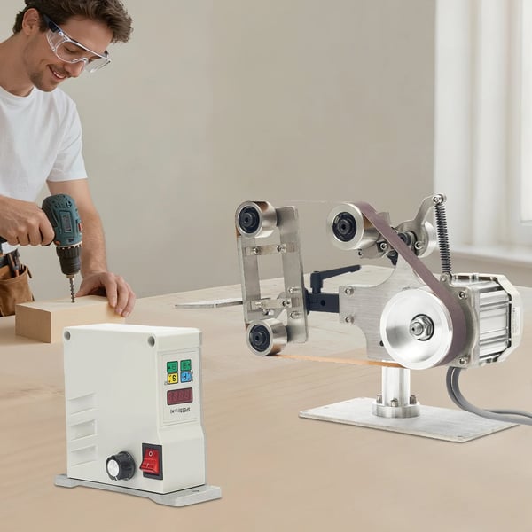 Båndsliber - Bordsmodel - 550 W - 5000 rpm - Børsteløs Motor - Variabel Hastighed - 762×25 mm Slibebånd - 220 V - Sølv