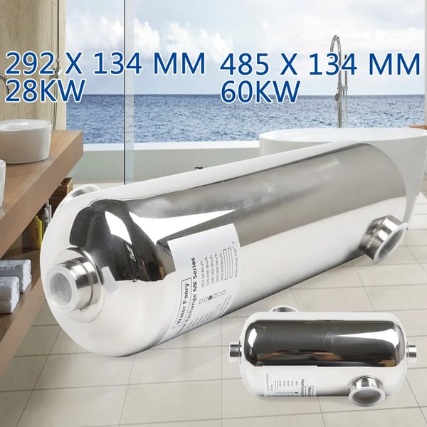 Pool varmeveksler - 60 kW - Rustfrit stål - Til pool og spa - 485x134 mm - Grå