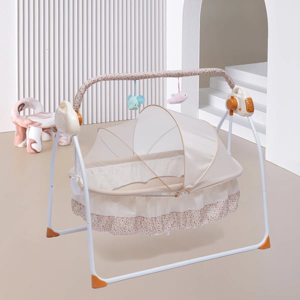 Elektrisk babyvugge, svingeseng med autosving, timer & Bluetooth-musik, måtte & pude, 5 niveauer, khaki