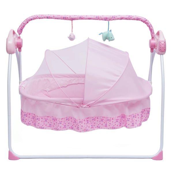 Elektrisk babyvugge/babygynge, automatisk svingning, Bluetooth-musik & timer, 5 hastigheder, inkl. måtte og pude, pink