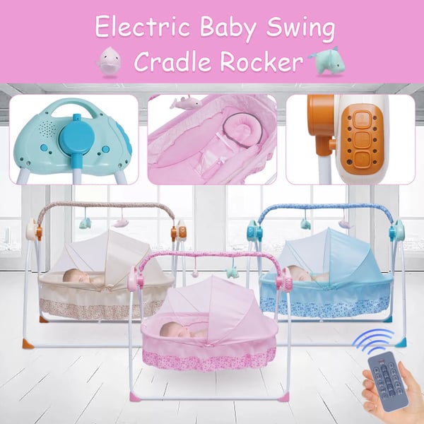 Elektrisk babyvugge, svingeseng med autosving, timer & Bluetooth-musik, måtte & pude, 5 niveauer, khaki