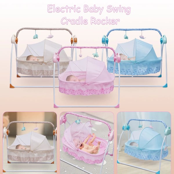 Elektrisk babyvugge, svingeseng med autosving, timer & Bluetooth-musik, måtte & pude, 5 niveauer, khaki