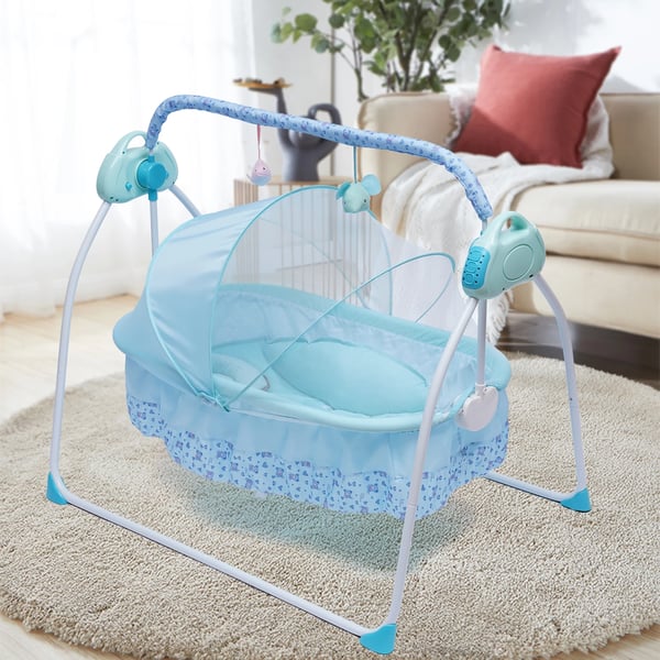 Elektrisk babyvugge, svingeseng med autosving, timer & Bluetooth-musik, måtte & pude, 5 niveauer, khaki