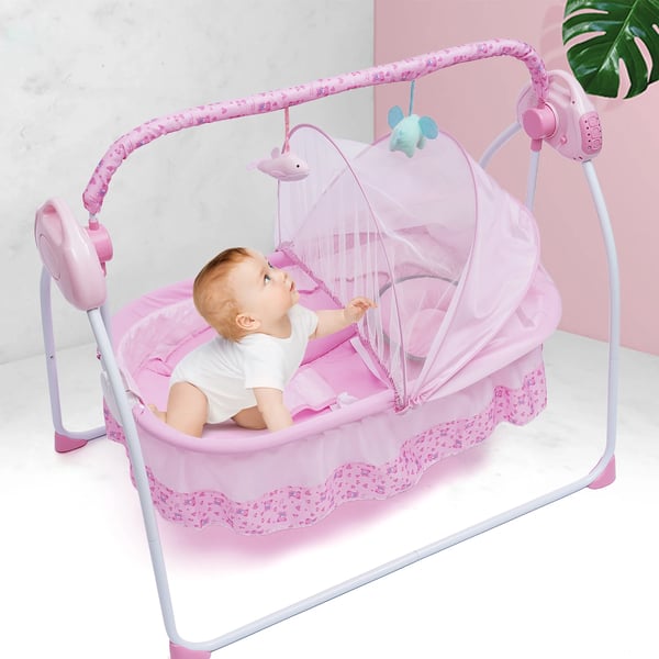 Elektrisk babyvugge, svingeseng med autosving, timer & Bluetooth-musik, måtte & pude, 5 niveauer, khaki