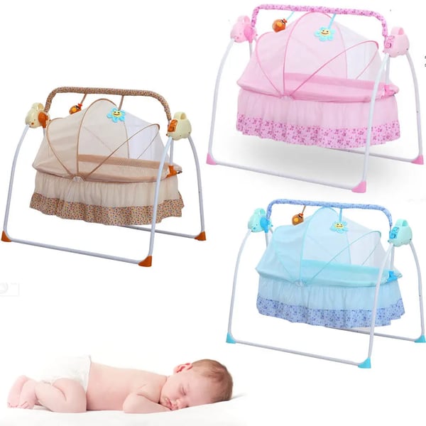 Elektrisk babyvugge, svingeseng med autosving, timer & Bluetooth-musik, måtte & pude, 5 niveauer, khaki