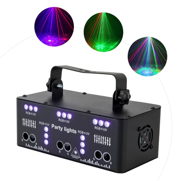 DJ Disco Light, efektispotti/bilevalo, 21 RGB-LED, ääniohjaus, strobo, auto & DMX, laseri, musta