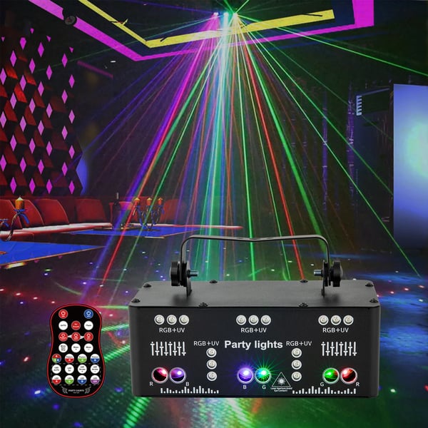DJ Disco Light, efektispotti/bilevalo, 21 RGB-LED, ääniohjaus, strobo, auto & DMX, laseri, musta