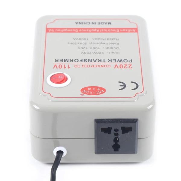 Jännitemuunnin, alasmuuntaja, 220–250V → 100–120V, elektroniikalle ja sähkölaitteille, punainen