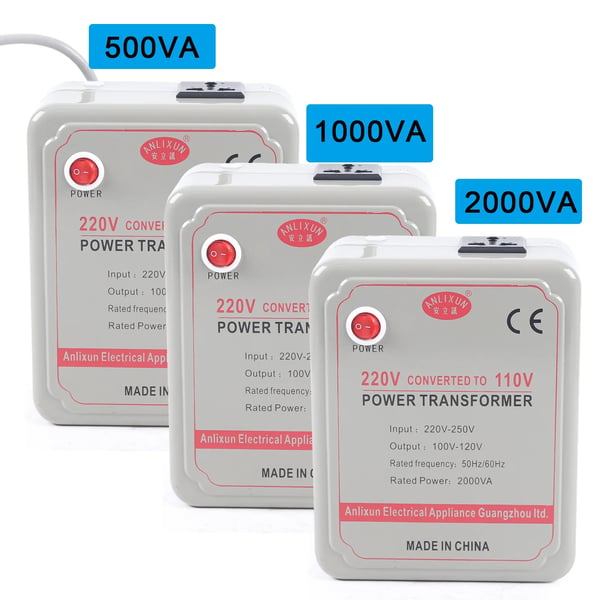 Jännitemuunnin, alasmuuntaja, 220–250V → 100–120V, elektroniikalle ja sähkölaitteille, punainen