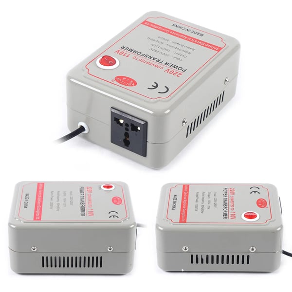 Jännitemuunnin, alasmuuntaja, 220–250V → 100–120V, elektroniikalle ja sähkölaitteille, punainen