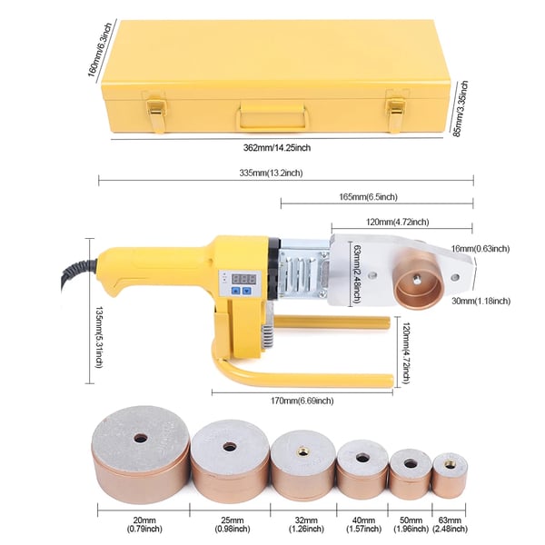 Muoviputkihitsain - Hylsyhitsauslaite PPR/PE/PP - Ø20–63 mm - Sulahitsaus - 2,1 kg - 335×120×135 mm - Keltainen