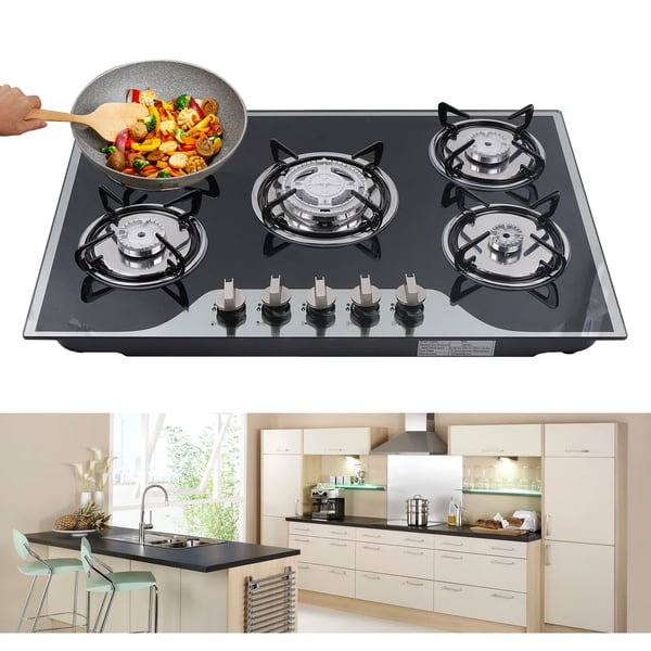 Gaskogeplade - Indbygning - Bredde 77 cm - 5 Brændere - Hærdet Glas - LPG/Naturgas
