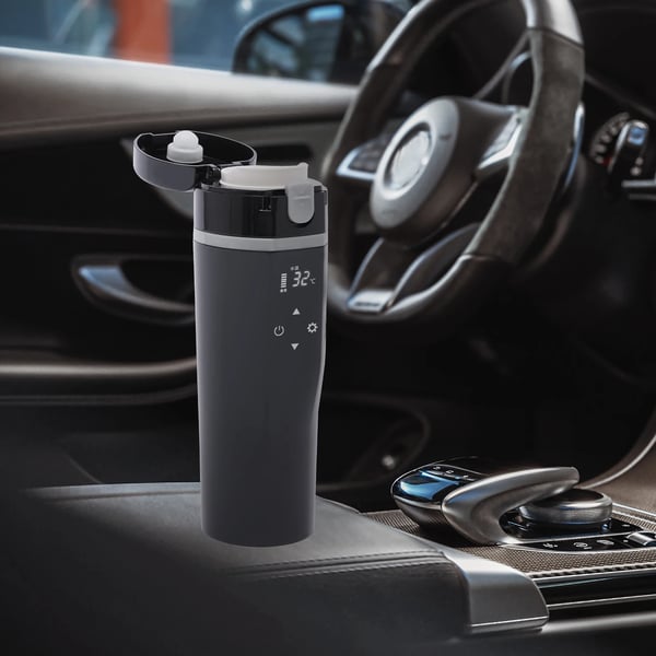 Auton sähköinen vedenkeitin, 500 ml, 12–24 V (5–12 A, 45–95 W), älykäs tunnistus, digitaalinen näyttö, kosketusohjaus, kannettava, musta