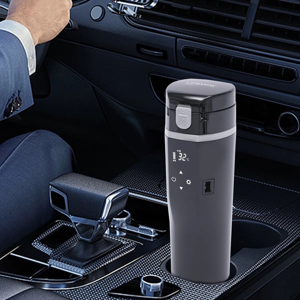 Auton sähköinen vedenkeitin, 500 ml, 12–24 V (5–12 A, 45–95 W), älykäs tunnistus, digitaalinen näyttö, kosketusohjaus, kannettava, musta