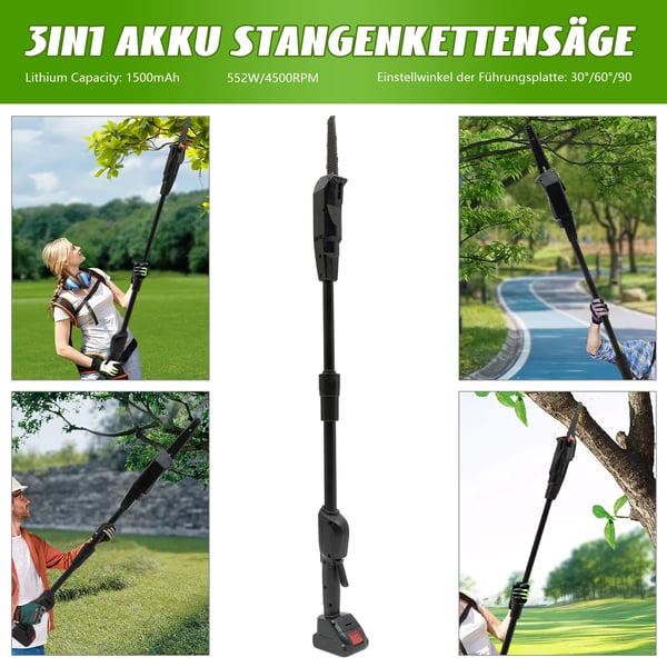 Jatkovarsioksasaha, akkukäyttöinen 2-osainen varsi, 1500 mAh akku ja vakiolaturi, musta