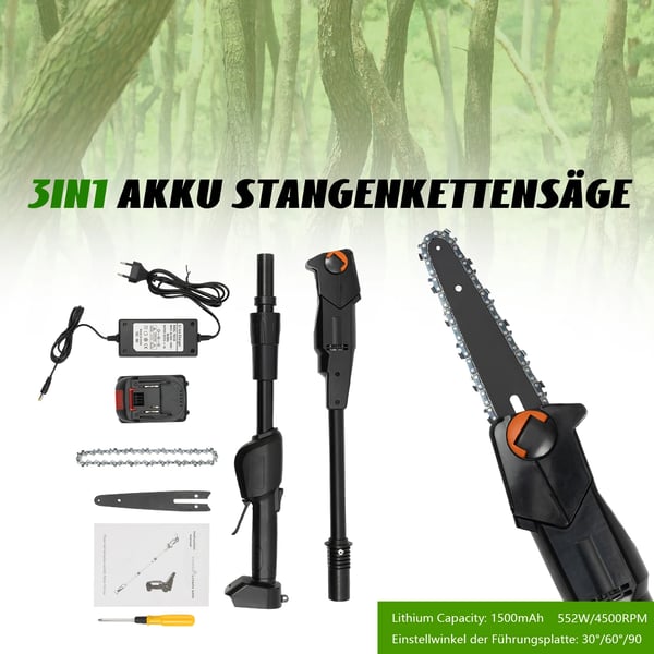 Jatkovarsioksasaha, akkukäyttöinen 2-osainen varsi, 1500 mAh akku ja vakiolaturi, musta