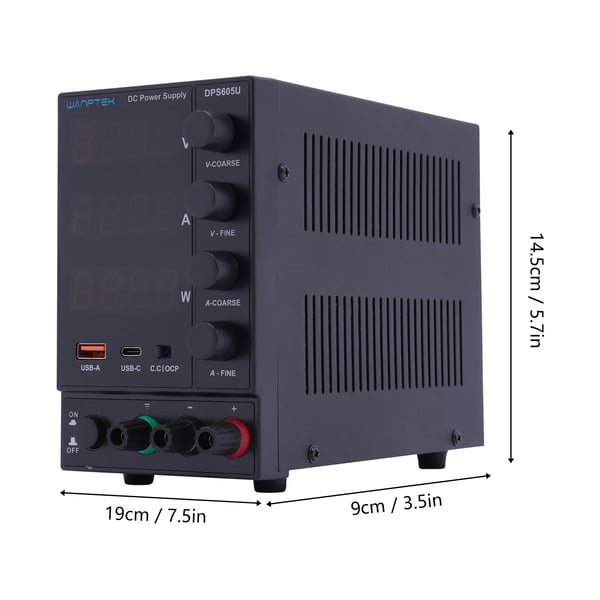 Laboratorie DC strømforsyning - Bænkenhed - Justerbar 0–30/60 V - 0–5/10 A - 4-cifret display - USB - EU-stik - Sort
