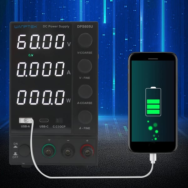 Laboratorie DC strømforsyning - Bænkenhed - Justerbar 0–30/60 V - 0–5/10 A - 4-cifret display - USB - EU-stik - Sort